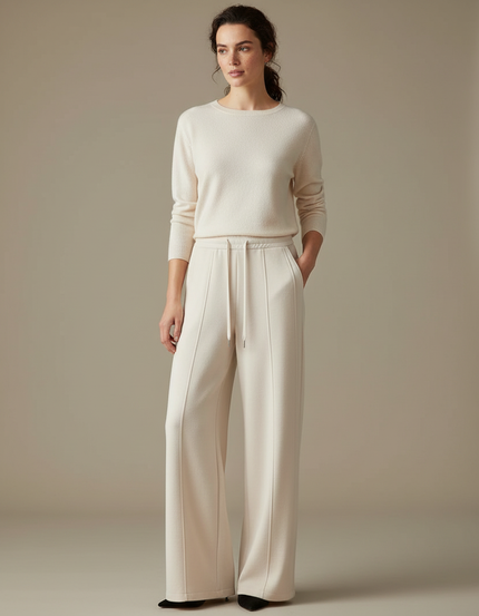 Pantalon Blanc Ample Décontracté En Maille Taille Élastique