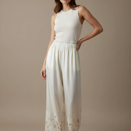 Pantalon Blanc Satin Brodé Ample Fluide Élégant