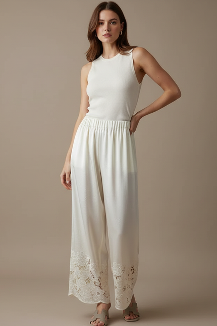 Pantalon Blanc Satin Brodé Ample Fluide Élégant