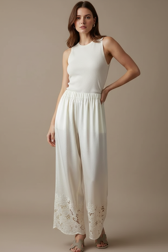 Pantalon Blanc Satin Brodé Ample Fluide Élégant