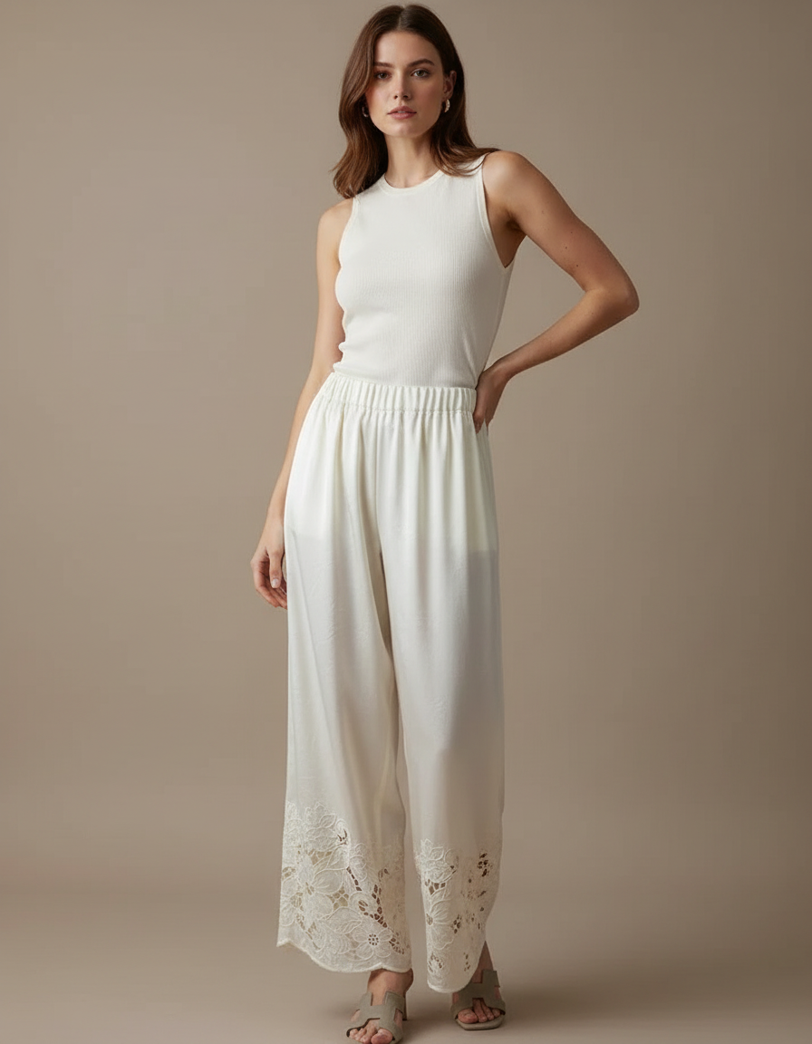 Pantalon Blanc Satin Brodé Ample Fluide Élégant