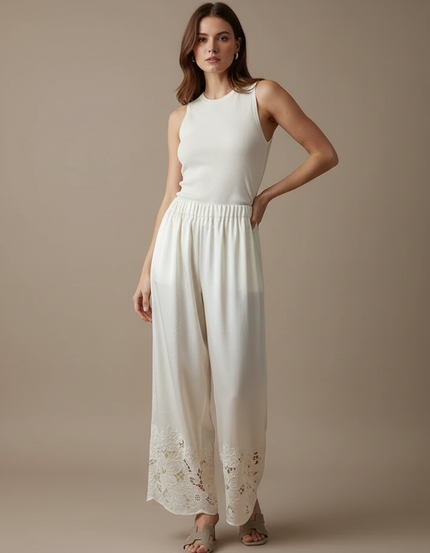 Pantalon Blanc Satin Brodé Ample Fluide Élégant