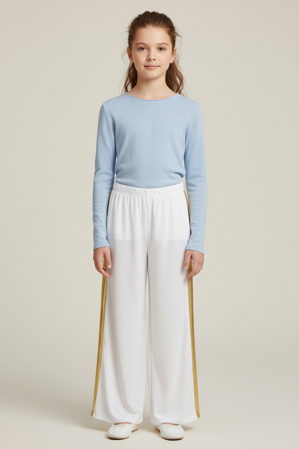 Pantalon Blanc Ample Bande Latérale Dorée Fille - Polyester