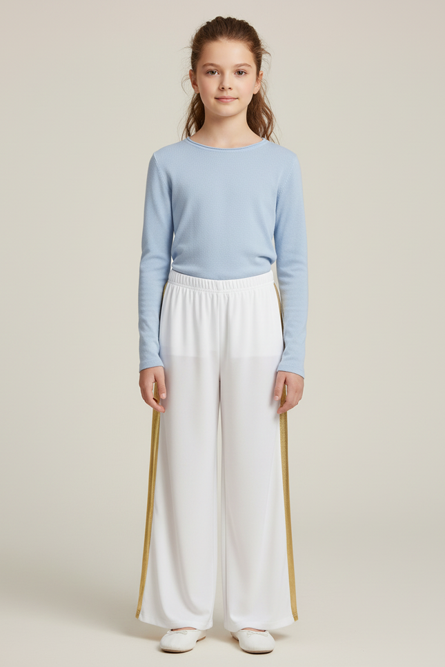 Pantalon Blanc Ample Bande Latérale Dorée Fille - Polyester