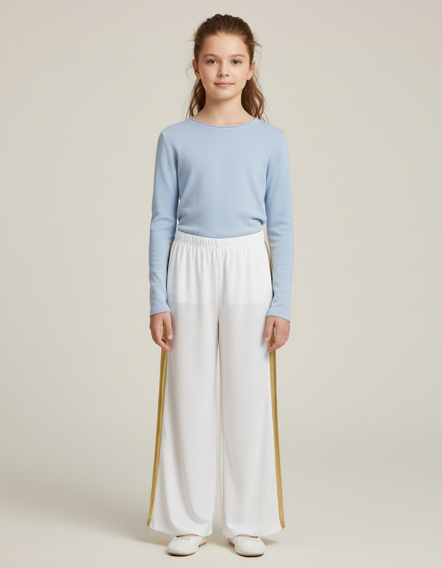 Pantalon Blanc Ample Bande Latérale Dorée Fille - Polyester