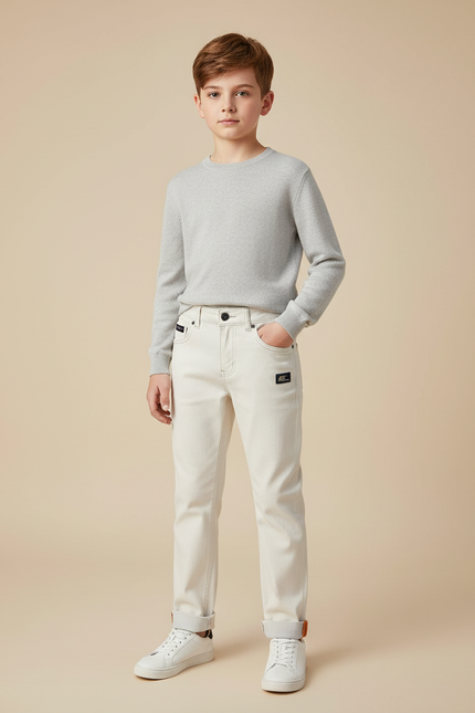 Pantalon Blanc Coton Coupe Droite Décontracté Garçon - Jean