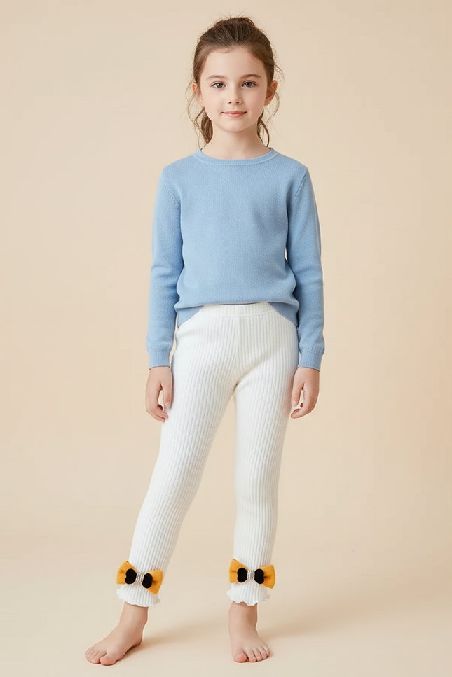 Pantalon Blanc Côtelé Tricoté Nœuds Volants Enfant - Maille