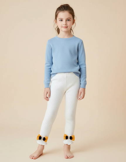 Pantalon Blanc Côtelé Tricoté Nœuds Volants Enfant - Maille