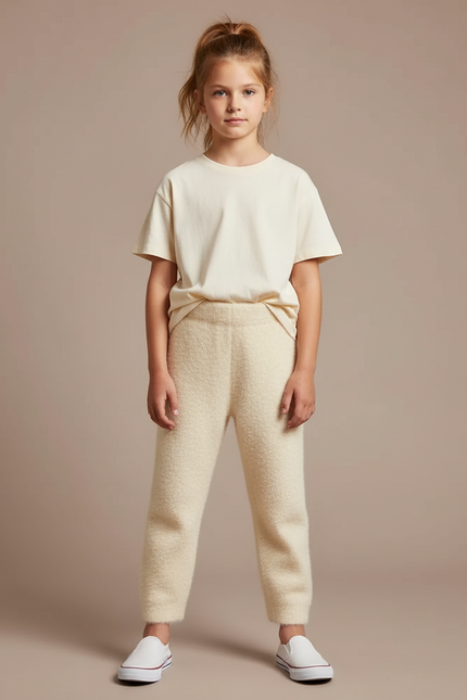 Pantalon Blanc Tricoté Chaud Décontracté Enfant - Beige Laine