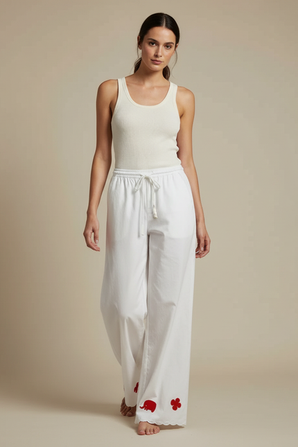Pantalon Blanc Ample Coton Brodé Décontracté Femme
