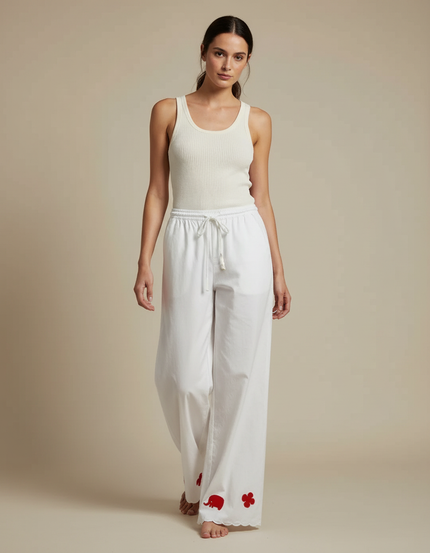 Pantalon Blanc Ample Coton Brodé Décontracté Femme