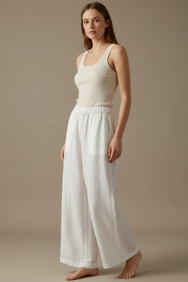 Pantalon Blanc Large Lin Fluide Taille Haute