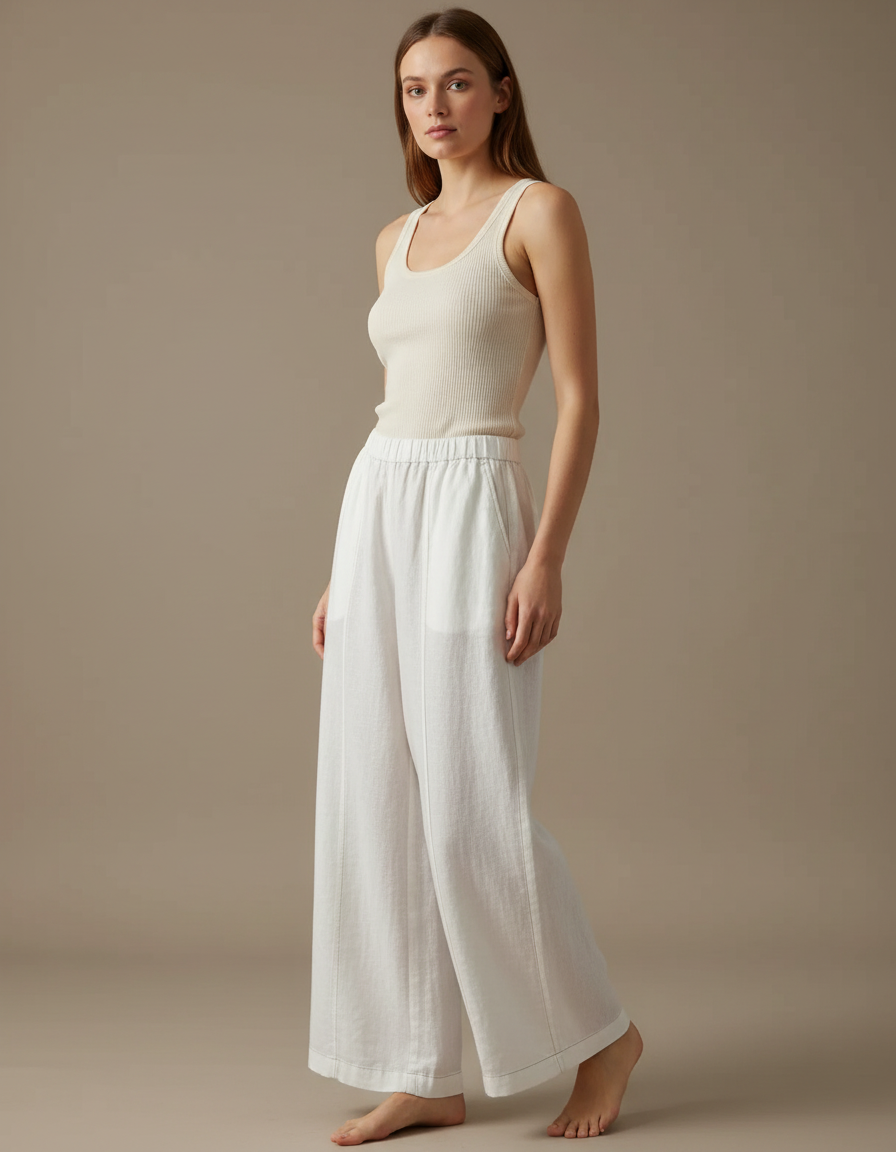 Pantalon Blanc Large Lin Fluide Taille Haute