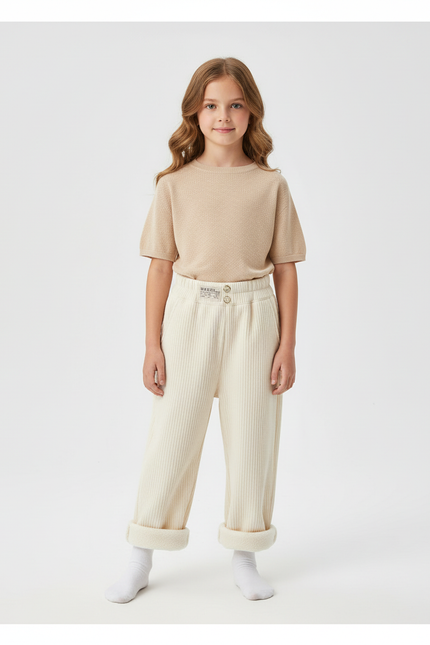 Pantalon Blanc Côtelé Ample Droit Décontracté Enfant - Cordé