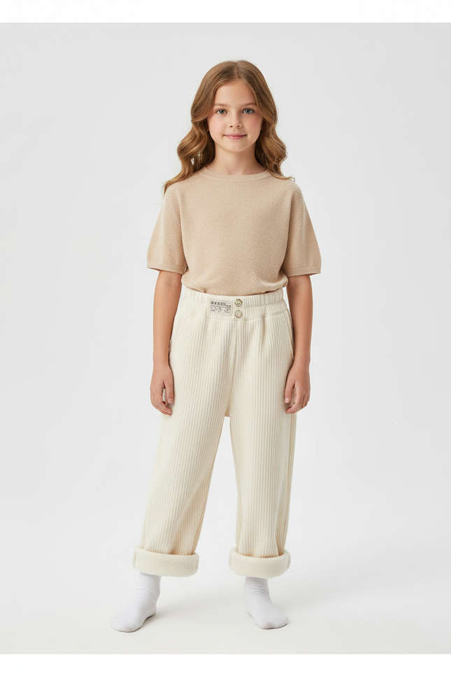 Pantalon Blanc Côtelé Ample Droit Décontracté Enfant - Cordé