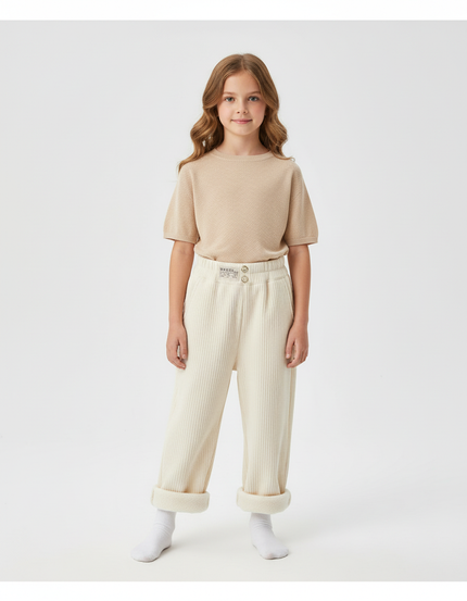 Pantalon Blanc Côtelé Ample Droit Décontracté Enfant - Cordé