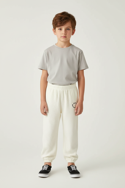 Pantalon Blanc Côtelé Ample Décontracté Enfant Smiley - Maille