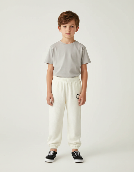Pantalon Blanc Côtelé Ample Décontracté Enfant Smiley - Maille