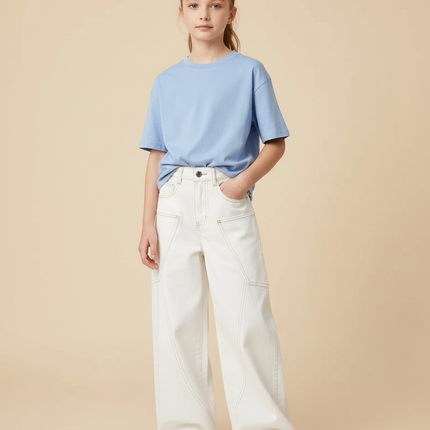 Pantalon Blanc Large Décontracté Jambes Droites Fille - Jean