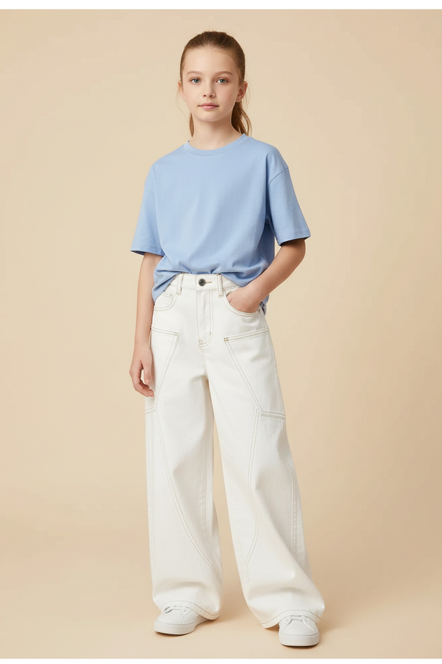 Pantalon Blanc Large Décontracté Jambes Droites Fille - Jean
