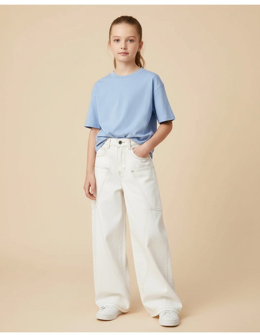 Pantalon Blanc Large Décontracté Jambes Droites Fille - Jean