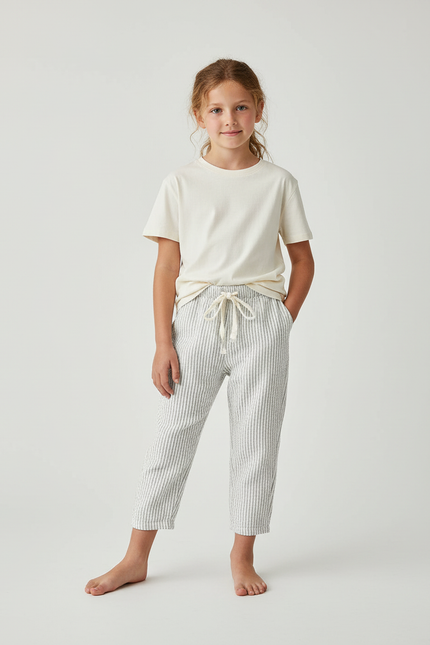 Pantalon Blanc Rayé Coton Ample Décontracté Enfant - Imprimé Lin