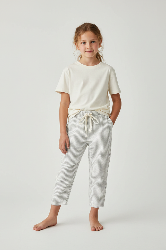 Pantalon Blanc Rayé Coton Ample Décontracté Enfant - Imprimé Lin