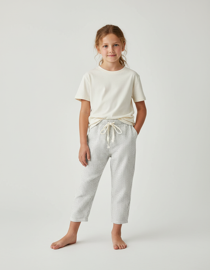 Pantalon Blanc Rayé Coton Ample Décontracté Enfant - Imprimé Lin