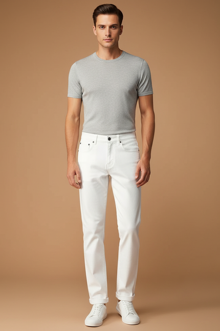 Pantalon Blanc Coton Slim Droit Homme Décontracté - Jean