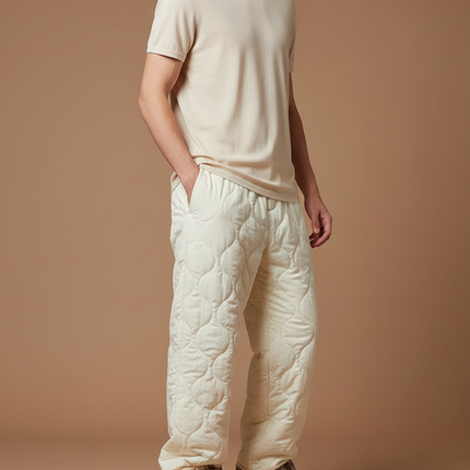 Pantalon Blanc Matelassé Ample Plaid Décontracté Hiver - Beige Polyester