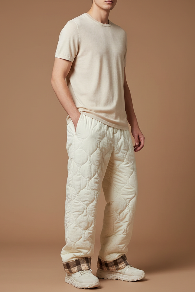 Pantalon Blanc Matelassé Ample Plaid Décontracté Hiver - Beige Polyester