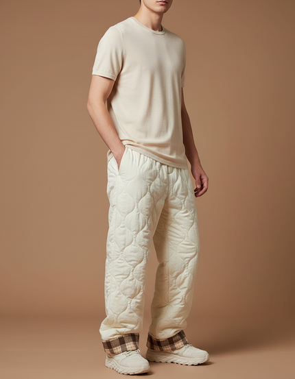 Pantalon Blanc Matelassé Ample Plaid Décontracté Hiver - Beige Polyester