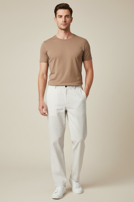 Pantalon Blanc Lin Décontracté Droit Homme Léger