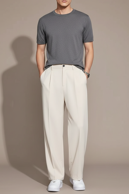 Pantalon Blanc Droit Ample Décontracté Homme Élégant - Beige Polyester