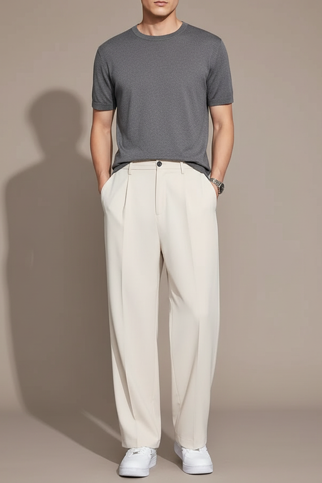 Pantalon Blanc Droit Ample Décontracté Homme Élégant - Beige Polyester