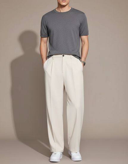 Pantalon Blanc Droit Ample Décontracté Homme Élégant - Beige Polyester