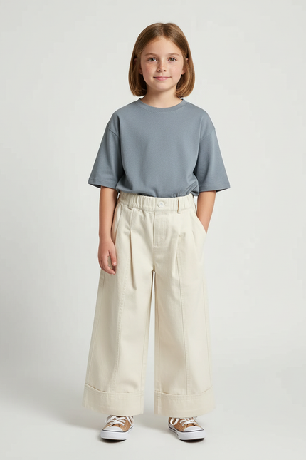 Pantalon Blanc Ample Plissé Décontracté Enfant - Beige Toile