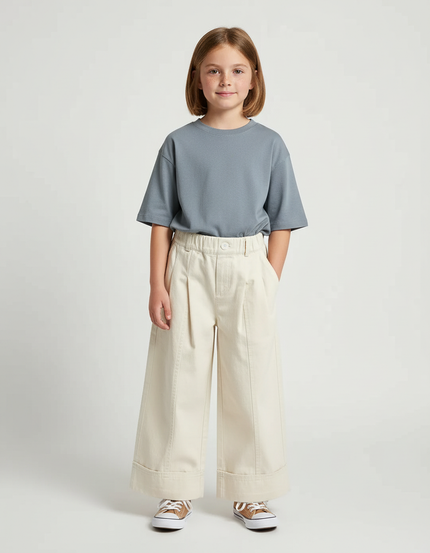 Pantalon Blanc Ample Plissé Décontracté Enfant - Beige Toile