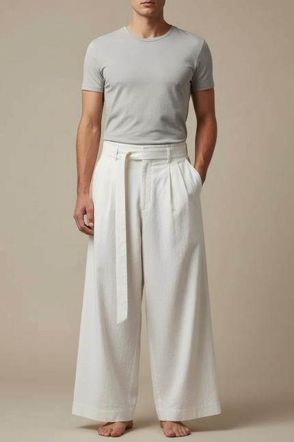 Pantalon Blanc Ample Plissé Coton Lin Ceinturé