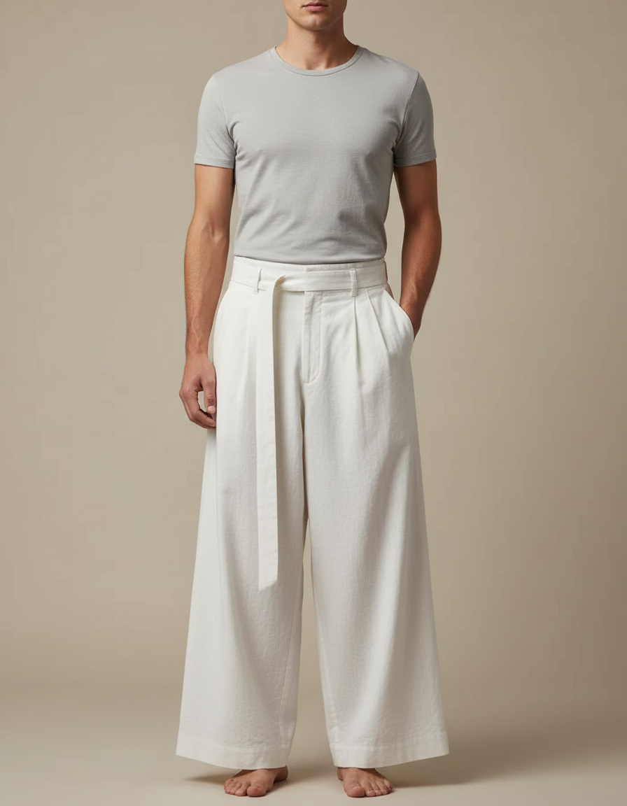 Pantalon Blanc Ample Plissé Coton Lin Ceinturé