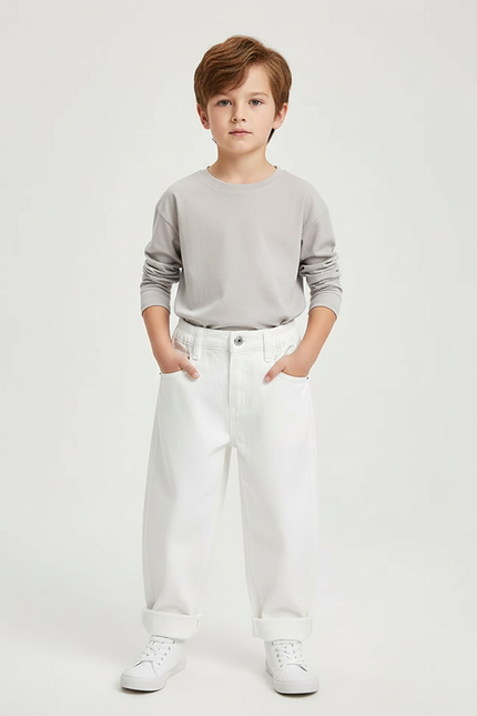 Pantalon Blanc Jean Ample Unisexe Décontracté Enfant