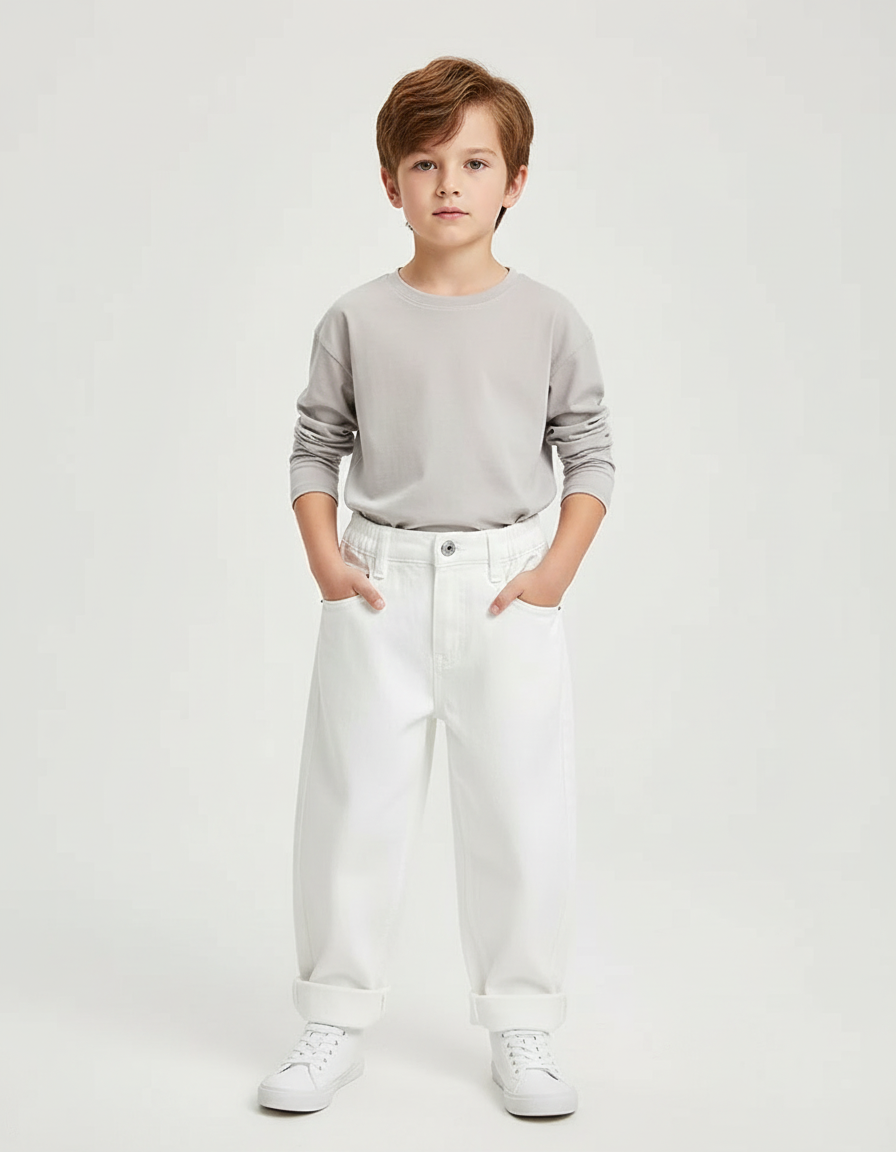 Pantalon Blanc Jean Ample Unisexe Décontracté Enfant