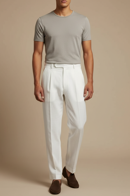 Pantalon Blanc Lin Plissé Droit Homme Léger
