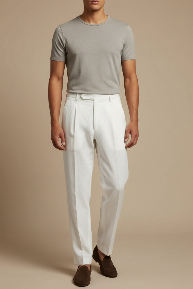 Pantalon Blanc Lin Plissé Droit Homme Léger