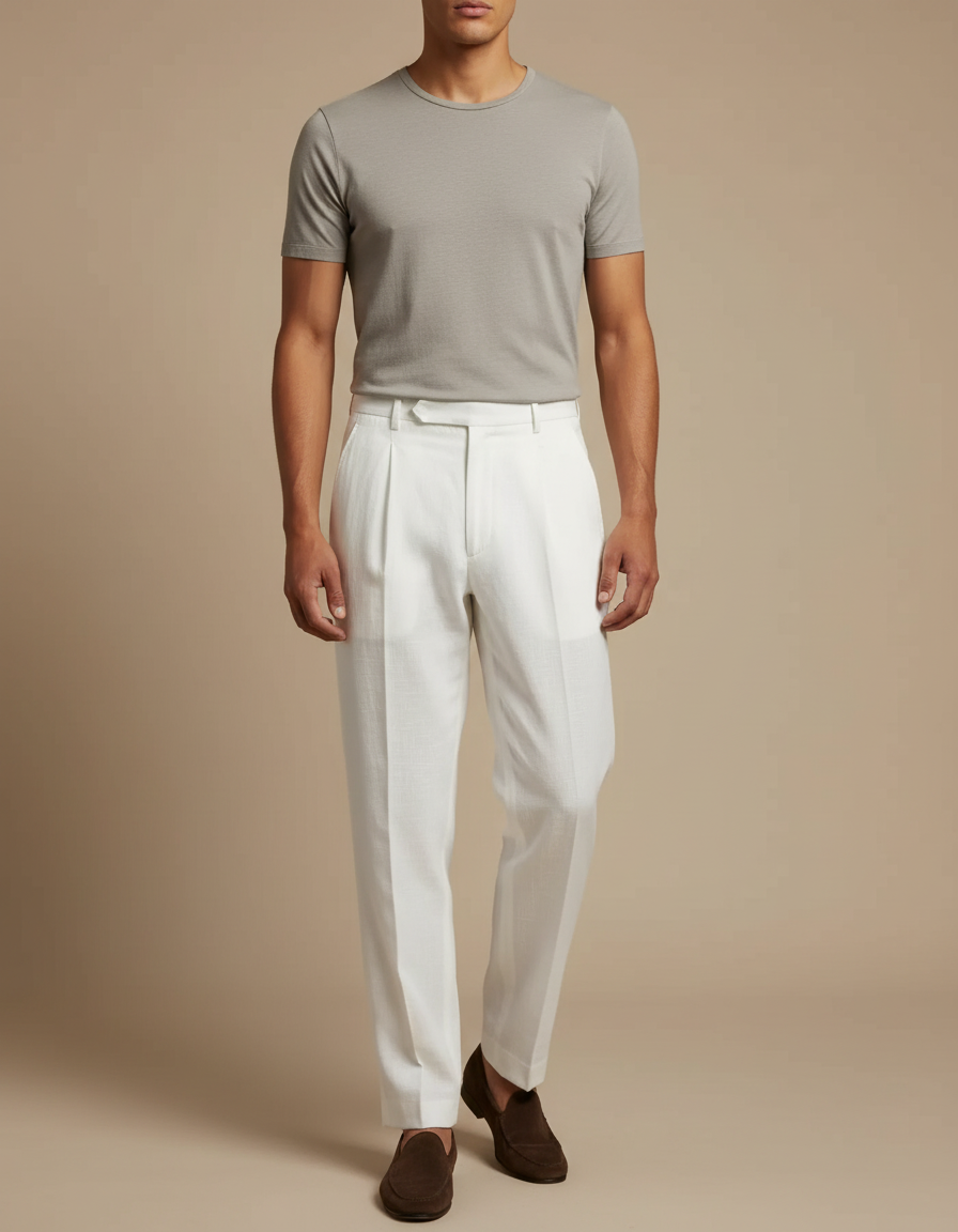 Pantalon Blanc Lin Plissé Droit Homme Léger