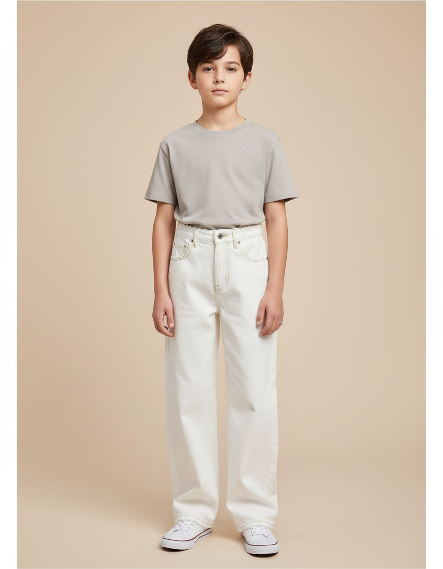 Pantalon Blanc Ample Décontracté Coton Garçon - Jean