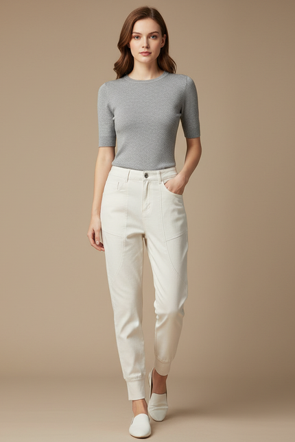 Pantalon Blanc Coton Jogger Décontracté Femme