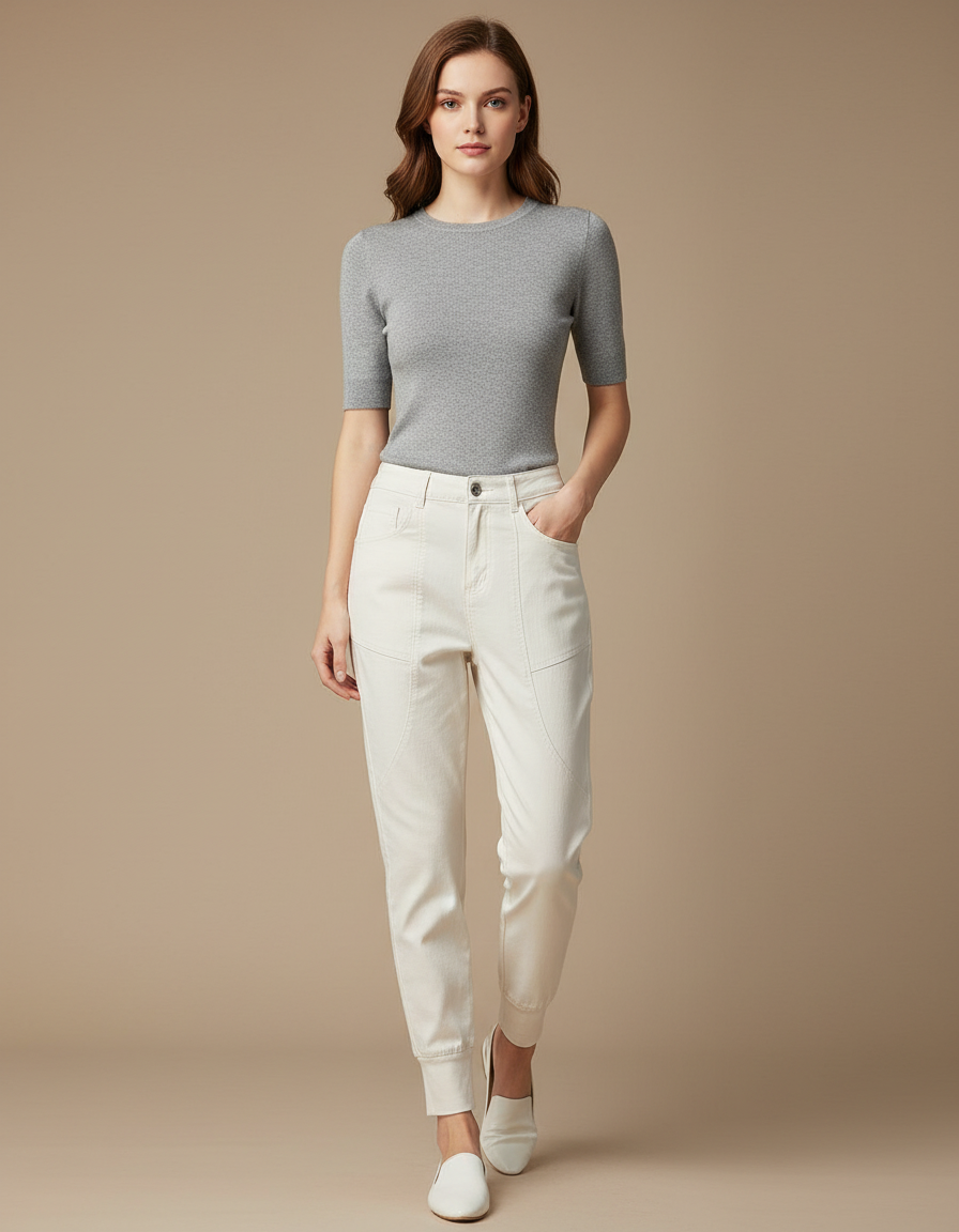 Pantalon Blanc Coton Jogger Décontracté Femme