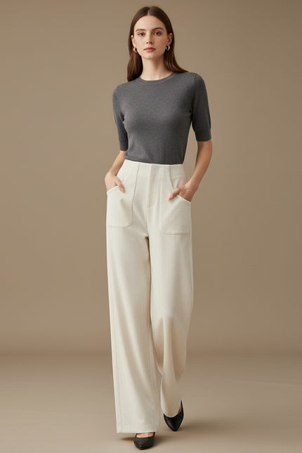Pantalon Blanc Large Décontracté Femme Fluide Élégant - Cordé