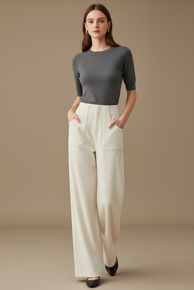 Pantalon Blanc Large Décontracté Femme Fluide Élégant - Cordé